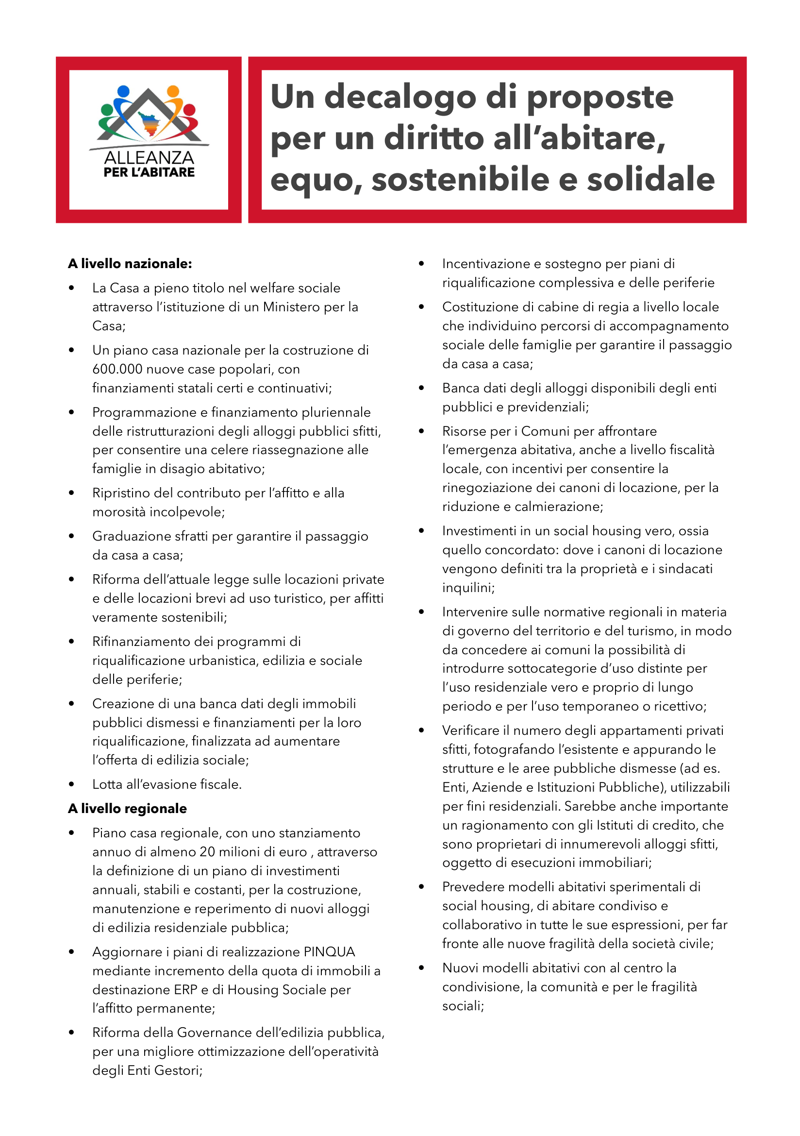 Decalogo di proposte per un diritto all’abitare equo, sostenibile e solidale