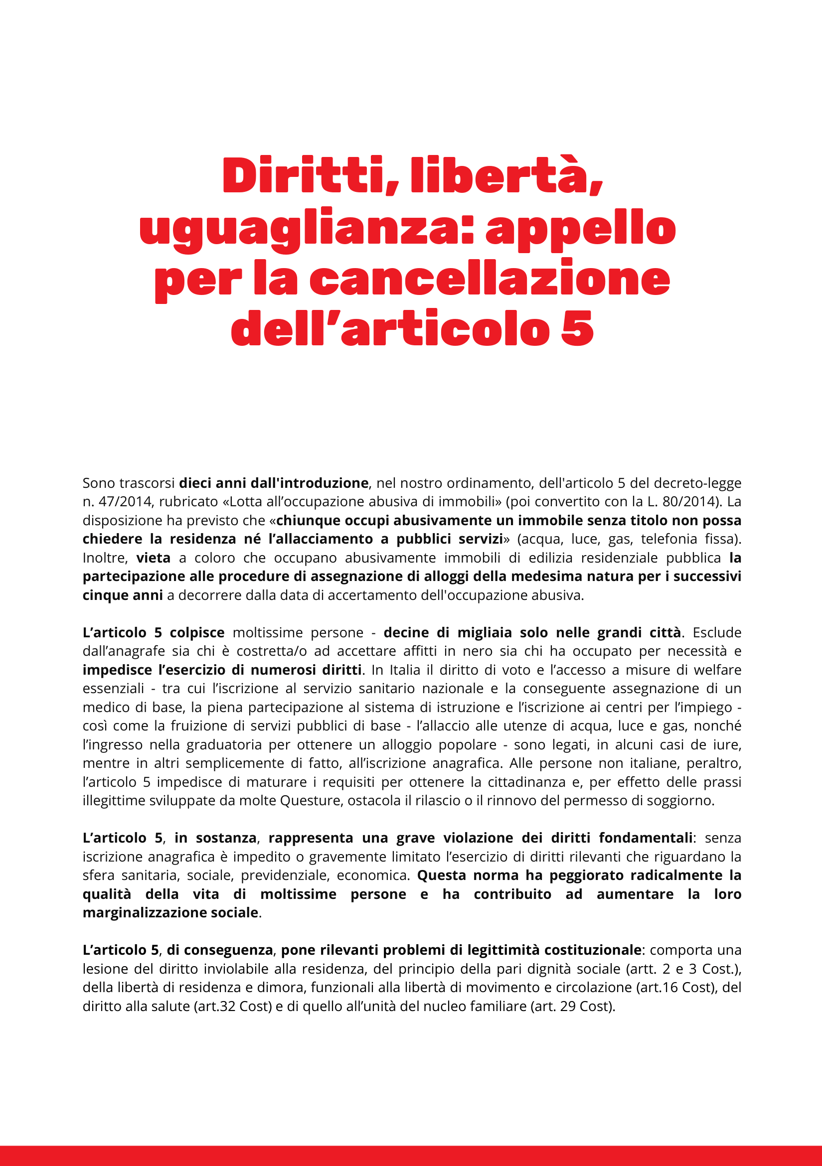 Diritti, libertà, uguaglianza: appello per la cancellazione dell’articolo 5