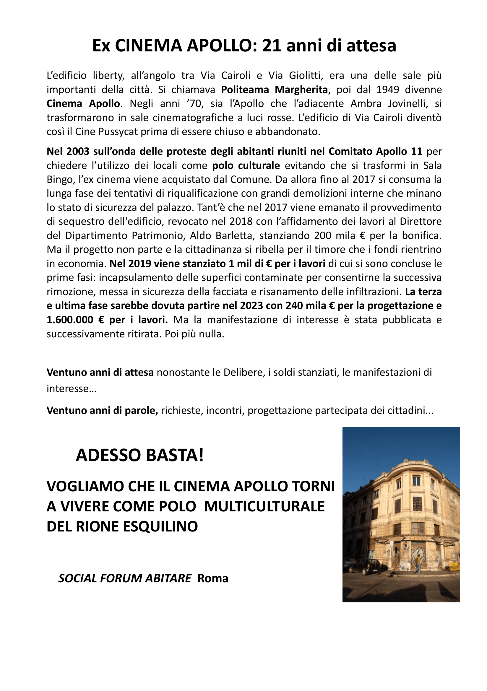 Ex Cinema Apollo: 21 anni di attesa