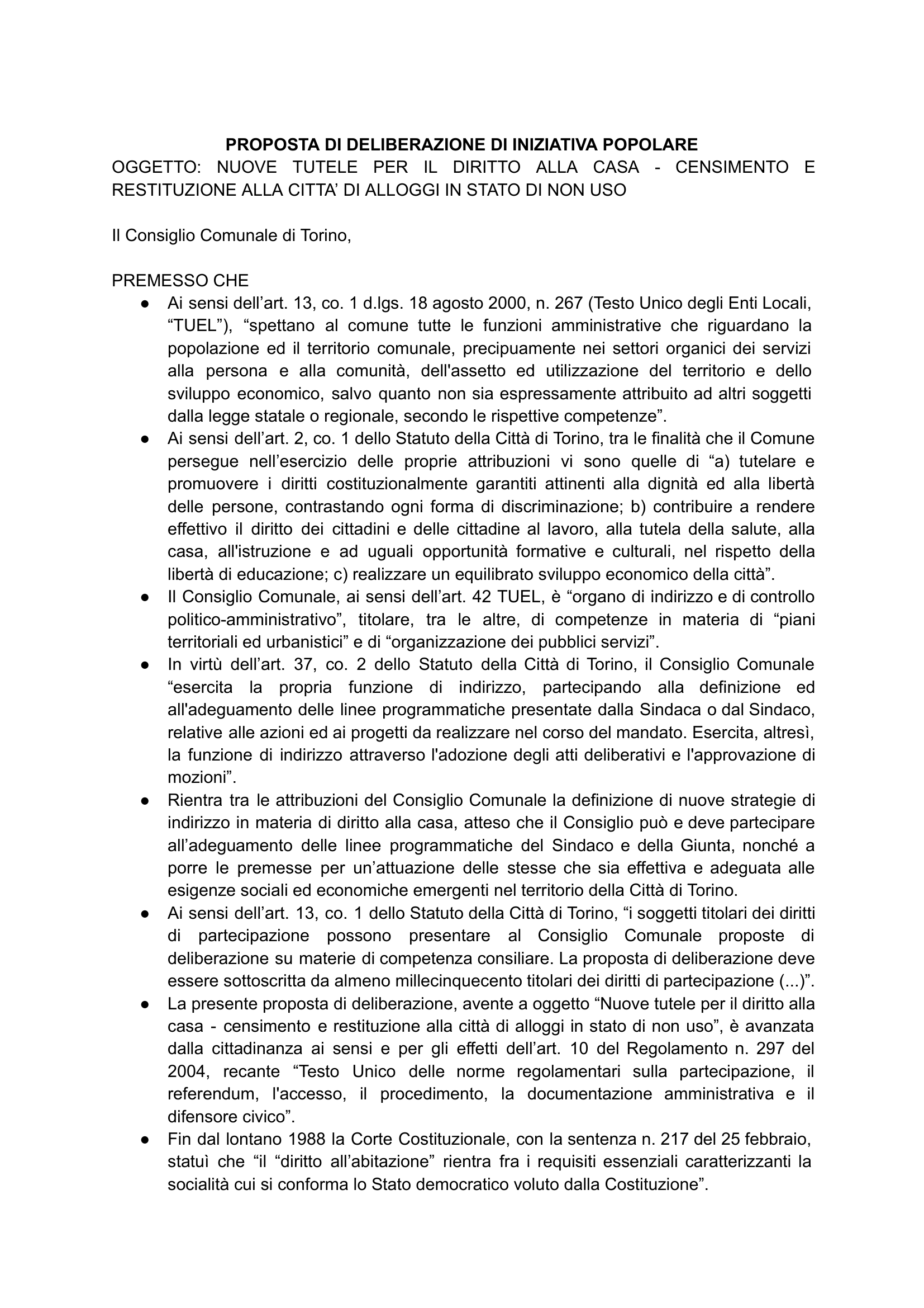 Nuove tutele per il diritto alla casa – Censimento e restituzione alla città di alloggi in stato di non uso